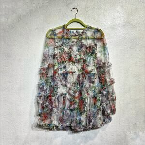 Rosevelvet White Floral Ruffled Chiffon Mini Long Sleeve Dress Sz S